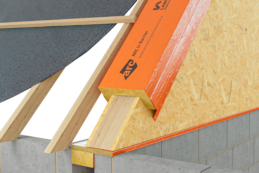 ARC U-Barrier providing firestopping at the roof of a party wall cavity, on the spandrel.